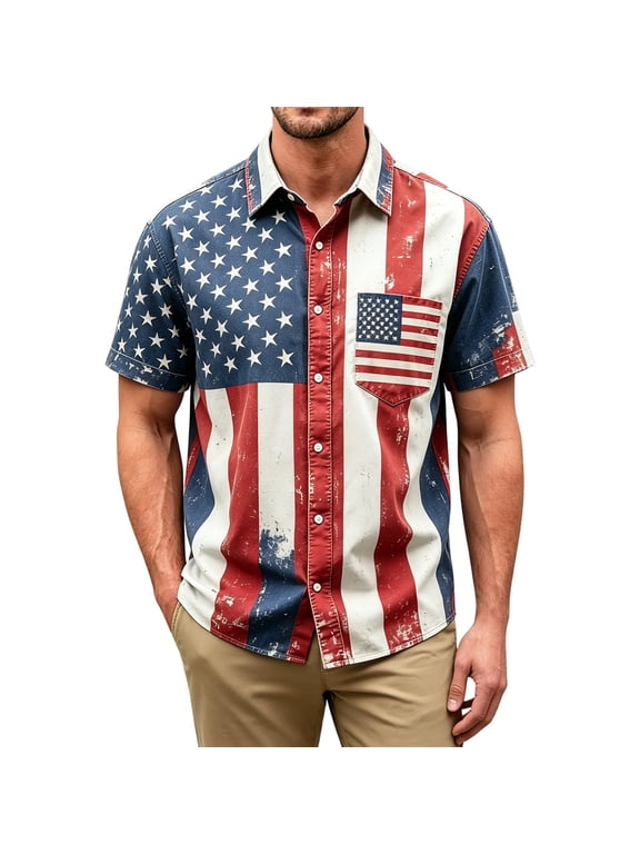 Men’s Vintage Distressed USA Flag Print Short Sleeve Button Down Shirt, Regular Fit Patriotic Pocket Casual Summer Beach Shirt Blue S