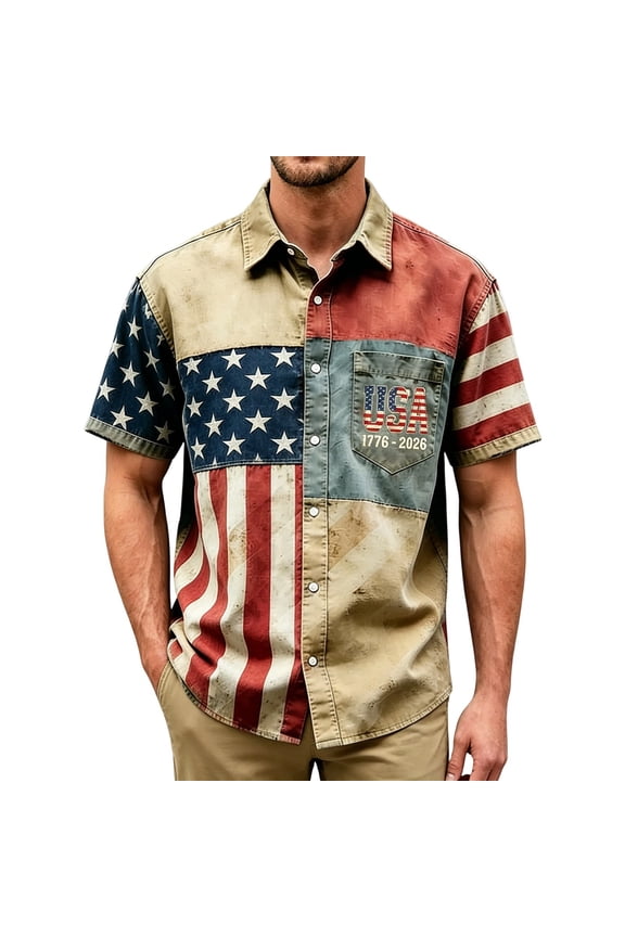 Men’s Vintage Patchwork USA Flag 1776-2026 Print Short Sleeve Button Down Shirt, Regular Fit Patriotic Pocket Summer Beach Shirt Khaki M