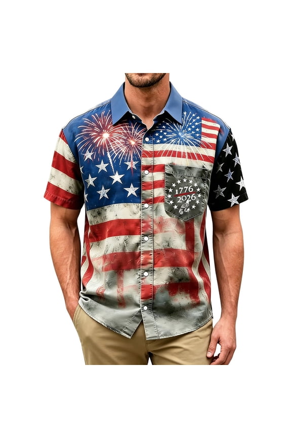 Men’s Vintage USA Flag Fireworks 1776-2026 Print Short Sleeve Button Down Shirt, Regular Fit Patriotic Pocket Summer Beach Shirt Red M