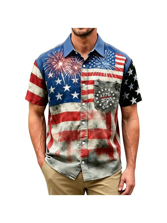 Men’s Vintage USA Flag Fireworks 1776-2026 Print Short Sleeve Button Down Shirt, Regular Fit Patriotic Pocket Summer Beach Shirt Red XXL