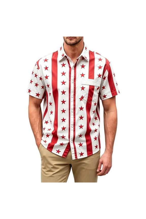 Men’s Vintage USA Flag Print Short Sleeve Button Down Shirt, Regular Fit Patriotic Casual Summer Beach Pocket Shirt White XL