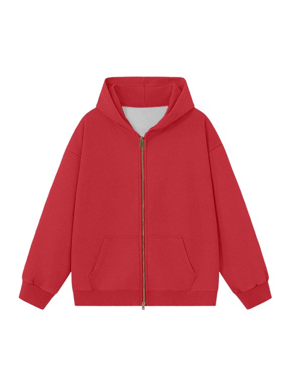 Oversized Double Zipper Zip Up Hoodie, Soft Polyester Long Sleeve Relaxed Fit Casual Loungewear Sweatshirt Daily Travel Streetwear Jacket Red XS