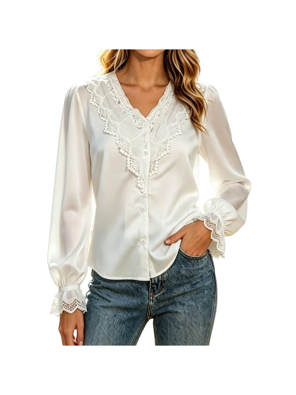 Plus Size French White Collar Lace Button Up Blouse Elegant Chiffon Long Sleeve Flowy Tunic Shirt With Sheer Trim White M