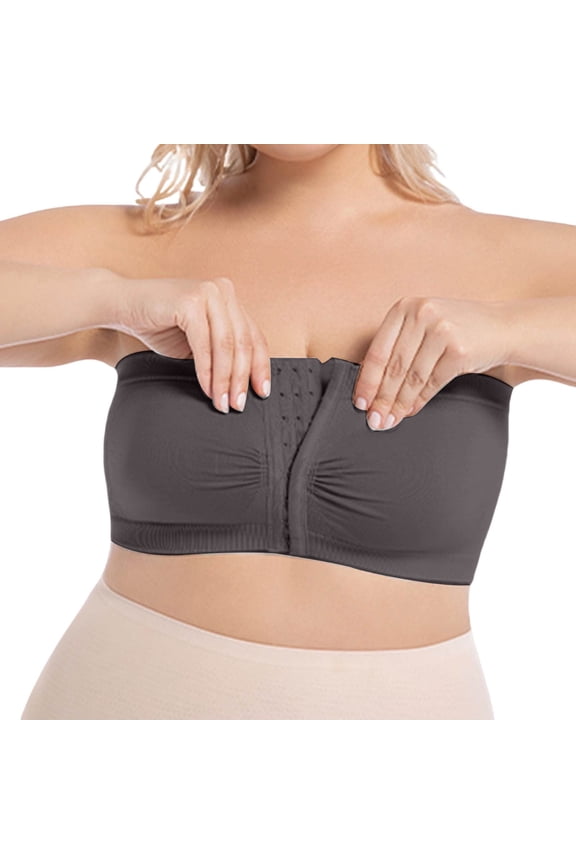 Plus Size Front Closure Bandeau Bra, Wireless Seamless Push-Up Support Bra for Strapless & Everyday Wear Dark Gray XL