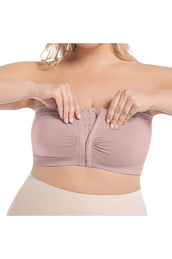 Plus Size Front Closure Bandeau Bra, Wireless Seamless Push-Up Support Bra for Strapless & Everyday Wear Pink XL