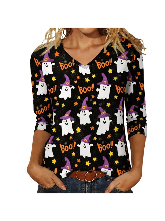 Plus Size Halloween Pumpkin Print Knee Length Top With 3/4 Sleeves – Season Knit Top For Figures Black XXXXXL