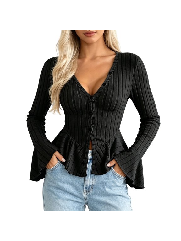Plus Size Knit Ribbed Top With Ruffled Collar Elegant Fitted Tee For Figure Daily Wear Black M