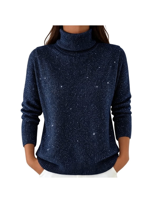 Plus Size Soft Shimmering Neck Blouse With Satin Finish For Long Sleeve Top Elegant Glow Knit Navy M