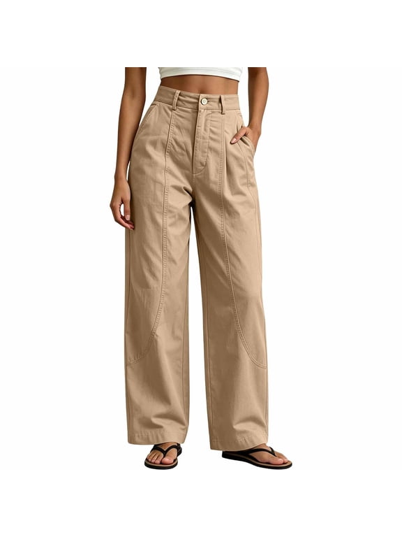 Plus Size Wide Leg Pants For High Witth Mid Rise Casual Workwear Solid Color With Pockets Khaki L
