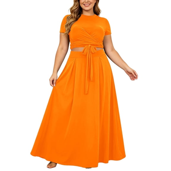 Rove Studio Plus Size Women 2 Piece Formal Outfit, Short Sleeve Twist Tie Crop Top & High Waist Flowy Maxi Skirt Soft Polyester Solid Color Wedding Guest Matching Set Orange XXL