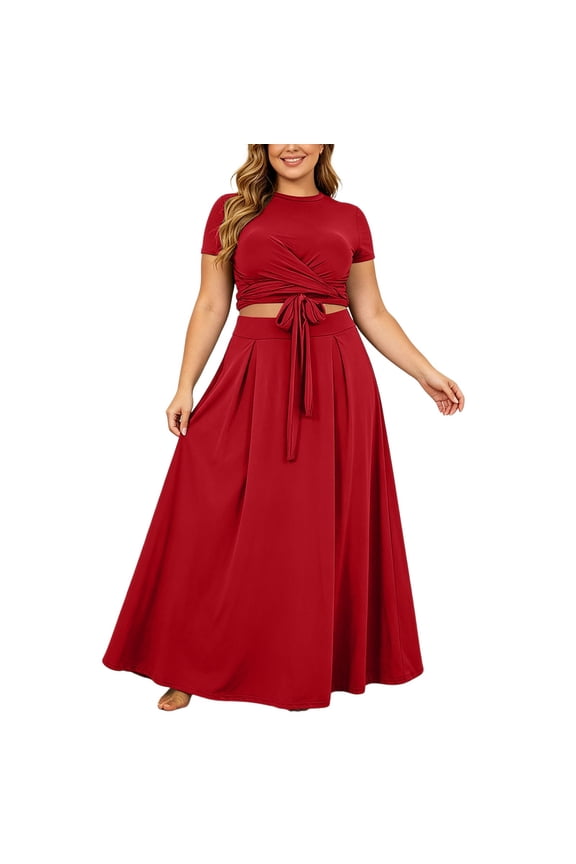 Plus Size Women 2 Piece Formal Outfit, Short Sleeve Twist Tie Crop Top & High Waist Flowy Maxi Skirt Soft Polyester Solid Color Wedding Guest Matching Set Red XL