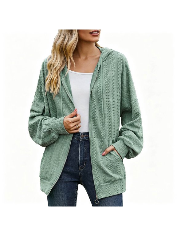 Relaxed Zip Up Hoodie Jacket With Pleated Texture For Plus Size Autumn Winter Casual Long Sleeve Sweatshirt Outerwear Dark Green S