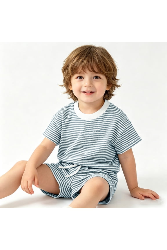 Toddler Boys 2-Piece Outfit, Striped Knit Short Sleeve Tee & Elastic Waist Shorts, Summer Casual Baby Clothing Blue 73