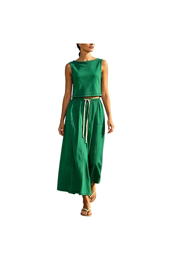 Women 2 Piece Beach Resort Outfit, Sleeveless Crew Neck Crop Top & Drawstring Elastic Waist Wide Leg Midi Skirt Light Polyester Casual Vacation Matching Set Green XXL