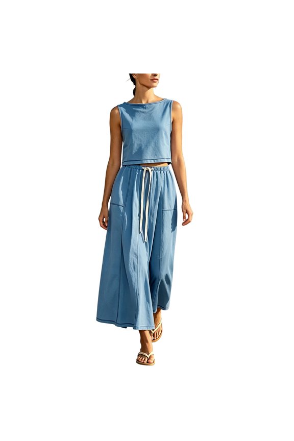 Women 2 Piece Beach Resort Outfit, Sleeveless Crew Neck Crop Top & Drawstring Elastic Waist Wide Leg Midi Skirt Light Polyester Casual Vacation Matching Set Blue XL