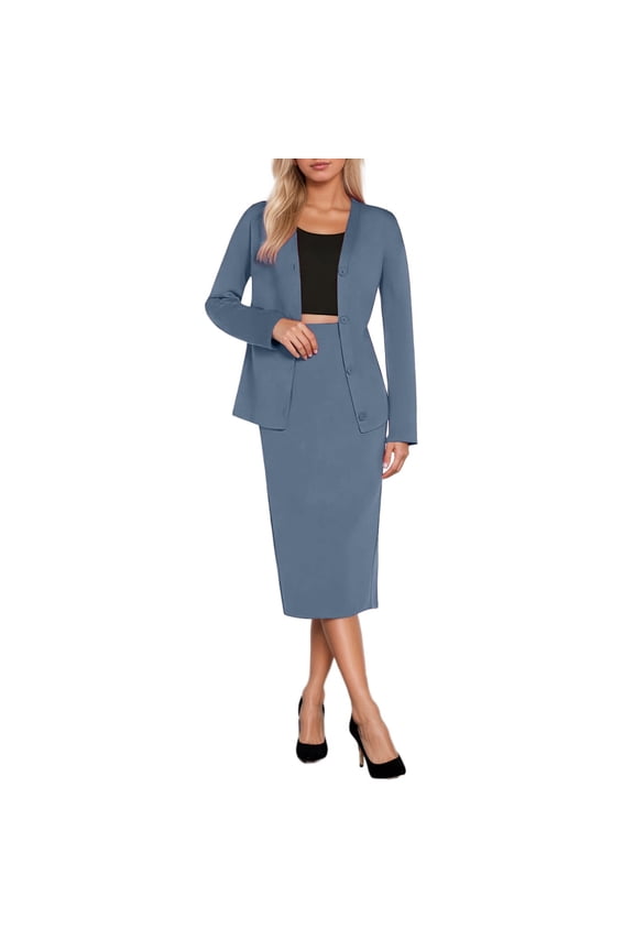 Women 2 Piece Business Suit Set, V Neck Long Sleeve Button Blazer & High Waist Midi Pencil Skirt Solid Polyester Elegant Office Workwear Matching Outfit Blue S