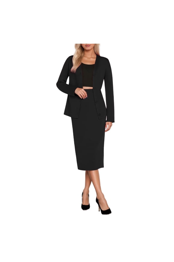 Women 2 Piece Business Suit Set, V Neck Long Sleeve Button Blazer & High Waist Midi Pencil Skirt Solid Polyester Elegant Office Workwear Matching Outfit Black S