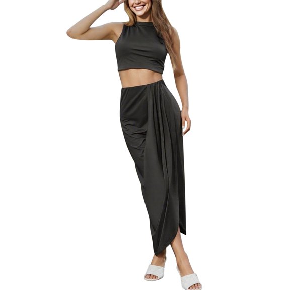 Rove Studio Women 2 Piece Casual Matching Set, Sleeveless High Neck Crop Tank Top & Ruched Side Slit Midi Skirt Soft Breathable Solid Color Summer Vacation Outfit Black XXL