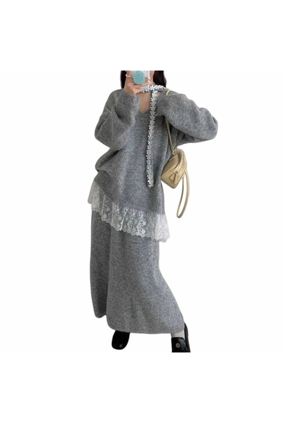 Women 2 Piece Fall Winter Knit Matching Set, Oversized Lace Trim V Neck Sweater Top & High Waist Midi Knit Skirt Soft Polyester Casual Daily Outfit Grey One Size