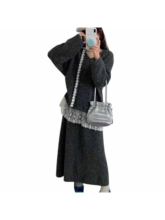 Women 2 Piece Fall Winter Knit Matching Set, Oversized Lace V Neck Sweater Top & High Waist Midi Knit Skirt Soft Polyester Casual Daily Outfit Dark Gray One Size
