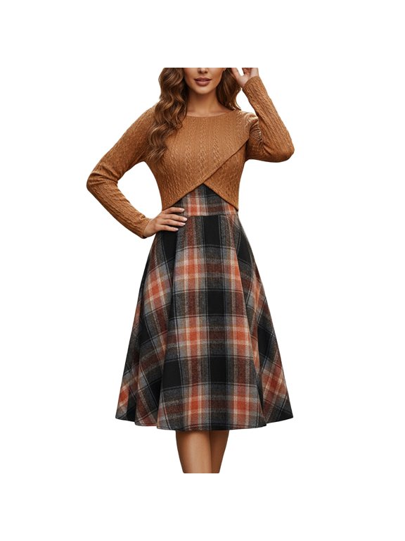 Women 2 Piece Fall Winter Outfit, Textured Knit Long Sleeve Wrap Top & Vintage Plaid A-Line Midi Dress Soft Warm Casual Matching Set Bronze S