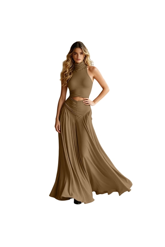 Women 2 Piece Formal Outfit, Sleeveless High Neck Ruched Crop Top & High Waist Flowy Maxi Skirt Soft Polyester Solid Color Wedding Guest Matching Set Khaki S