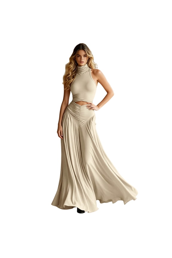 Women 2 Piece Formal Outfit, Sleeveless High Neck Ruched Crop Top & High Waist Flowy Maxi Skirt Soft Polyester Solid Color Wedding Guest Matching Set Beige S