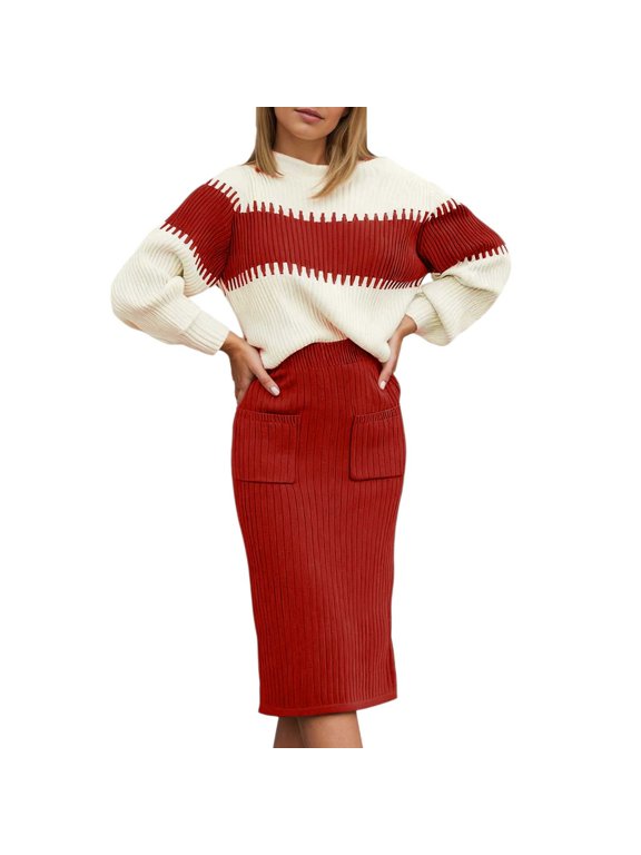 Women 2 Piece Knit Outfit, Color Block Ribbed Pullover Sweater Top & Pocket High Waist Midi Pencil Skirt Soft Polyester Fall Winter Casual Matching Set Red S