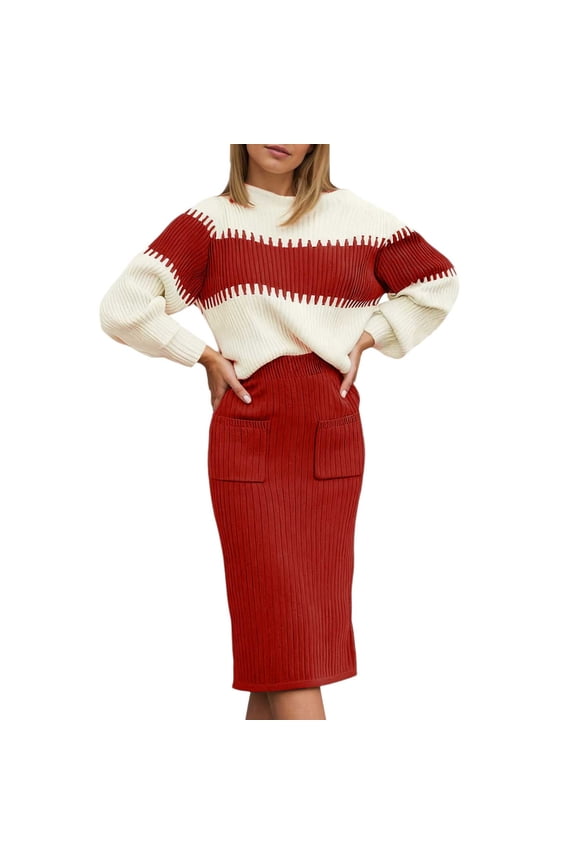 Women 2 Piece Knit Outfit, Color Block Ribbed Pullover Sweater Top & Pocket High Waist Midi Pencil Skirt Soft Polyester Fall Winter Casual Matching Set Red S