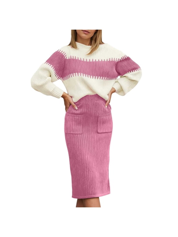 Women 2 Piece Knit Outfit, Color Block Ribbed Pullover Sweater Top & Pocket High Waist Midi Pencil Skirt Soft Polyester Fall Winter Casual Matching Set Pink XL