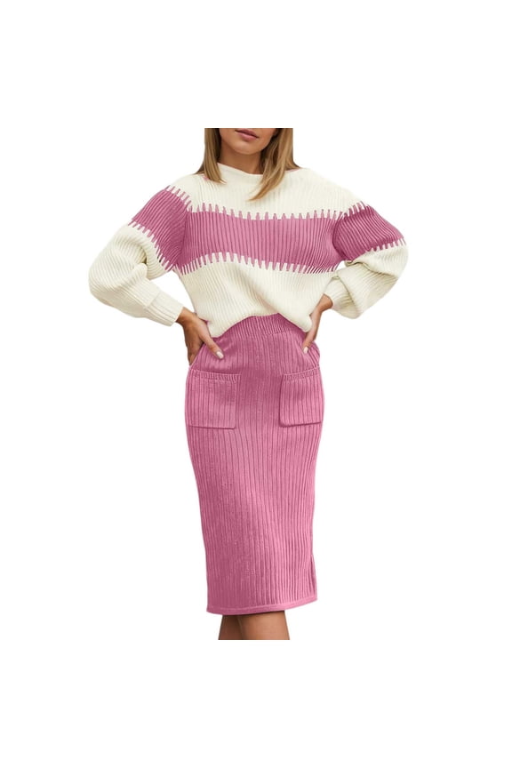 Women 2 Piece Knit Outfit, Color Block Ribbed Pullover Sweater Top & Pocket High Waist Midi Pencil Skirt Soft Polyester Fall Winter Casual Matching Set Pink S