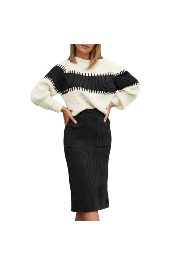 Women 2 Piece Knit Outfit, Color Block Ribbed Pullover Sweater Top & Pocket High Waist Midi Pencil Skirt Soft Polyester Fall Winter Casual Matching Set Black S