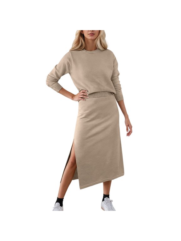 Women 2 Piece Knit Outfit, Crew Neck Long Sleeve Sweater Top & Side Slit Midi Skirt Soft Polyester Casual Autumn Winter Daily Matching Set Khaki XL