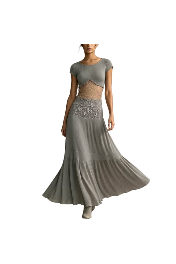 Women 2 Piece Summer Matching Set, Short Sleeve Rib Knit Crop Top & Lace Panel Tiered Flowy Maxi Skirt Soft Polyester Casual Elegant Daily Outfit Grey XS
