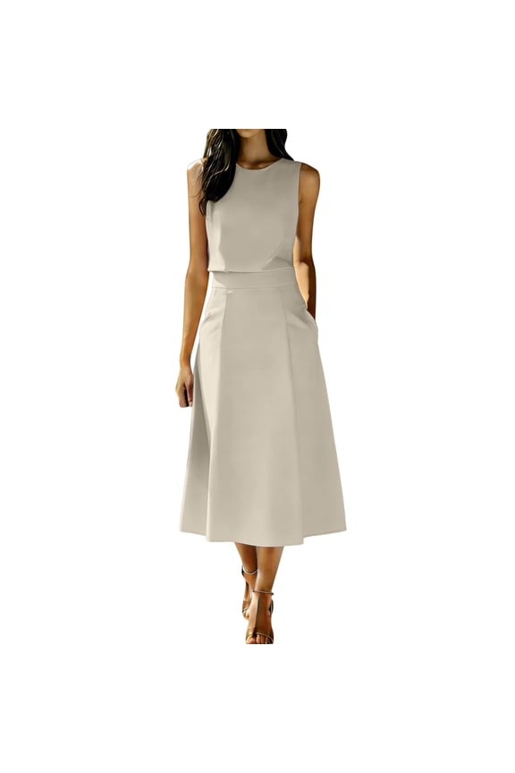 Women 2 Piece Workwear Outfit, Sleeveless Round Neck Top & Flowy Midi Skirt With Side Pockets Solid Polyester Elegant Office Casual Summer Matching Set Beige XXL