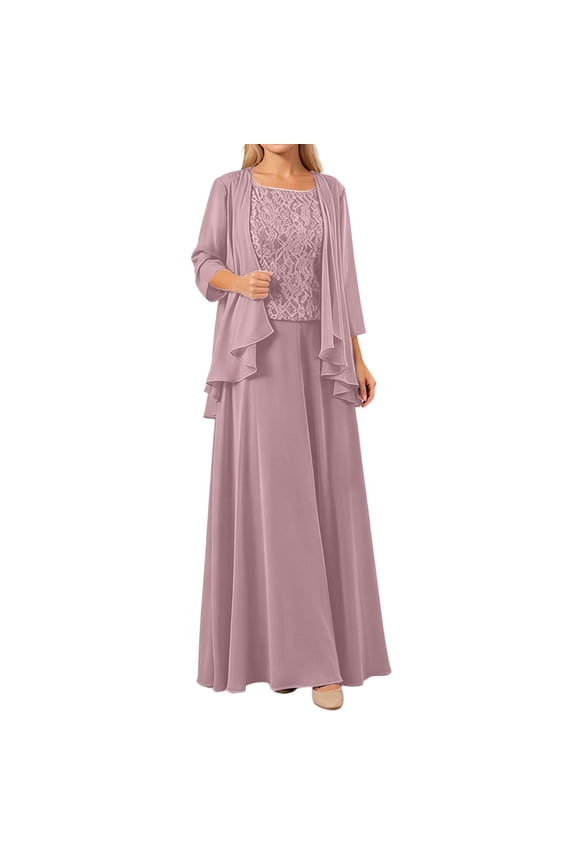 Women 3 Piece Formal Chiffon Outfit, 3/4 Sleeve Ruffle Cardigan Lace Tank Top & Flowy Maxi Dress Wedding Guest Mother of Bride Evening Ensemble Light Pink XXL