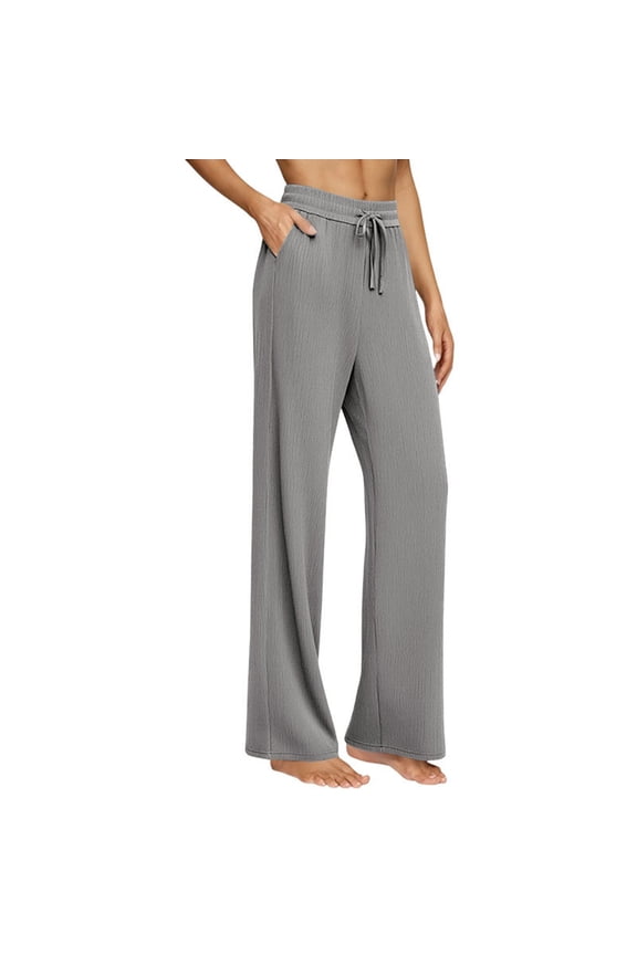 Women Drawstring Elastic Waist Textured Wide Leg Pants, Lightweight Breathable Loose Straight Casual Trousers with Side Pockets for Summer Daily Loungewear Outing Grey XXL