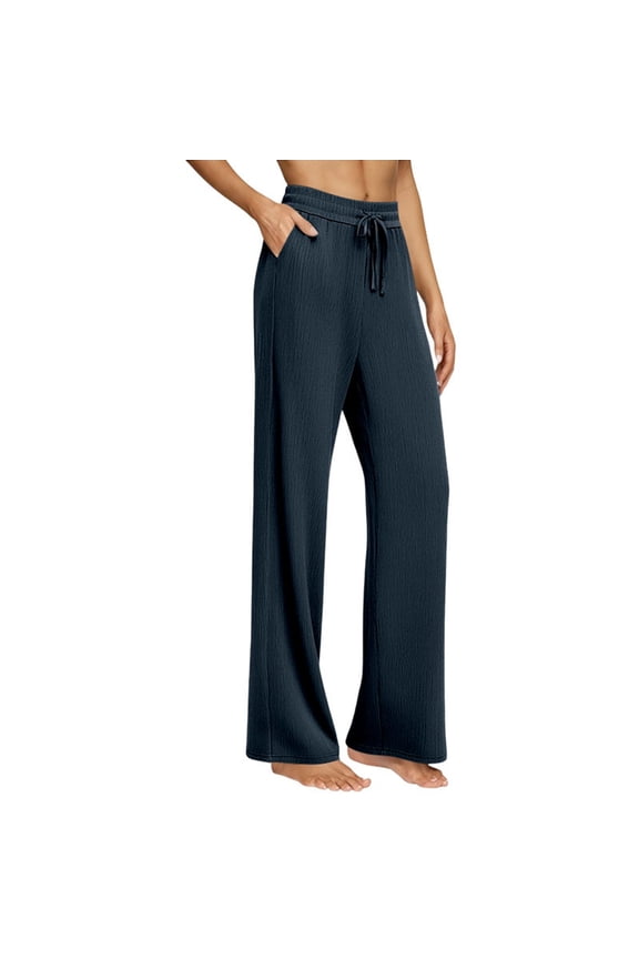 Women Drawstring Elastic Waist Textured Wide Leg Pants, Lightweight Breathable Loose Straight Casual Trousers with Side Pockets for Summer Daily Loungewear Outing Black XXL