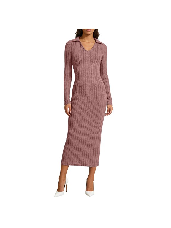 Women Lapel Collar Ribbed Knit Midi Dress, Long Sleeve V Neck Bodycon Sweater Dress Soft Knitted Fabric Elegant Autumn Daily Formal Outfit Pink S