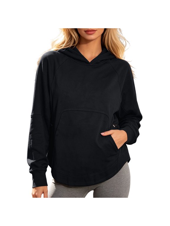 Women Lightweight Nylon Sport Hoodie, Loose Raglan Long Sleeve Pullover With Side Pockets Fall Winter Fitness Travel Casual Sweatshirt Black XL