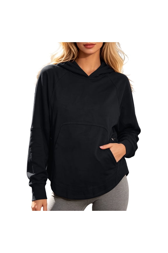 Women Lightweight Nylon Sport Hoodie, Loose Raglan Long Sleeve Pullover With Side Pockets Fall Winter Fitness Travel Casual Sweatshirt Black S