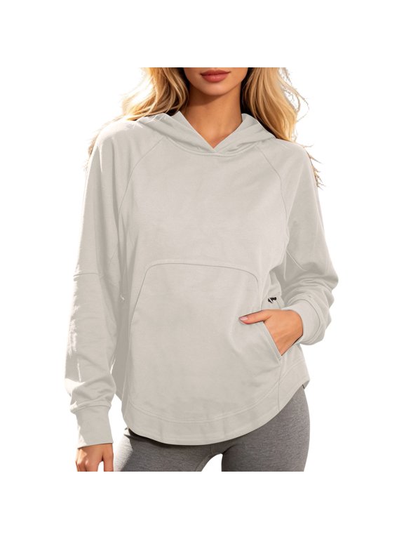 Women Lightweight Nylon Sport Hoodie, Loose Raglan Long Sleeve Pullover With Side Pockets Fall Winter Fitness Travel Casual Sweatshirt Beige XL