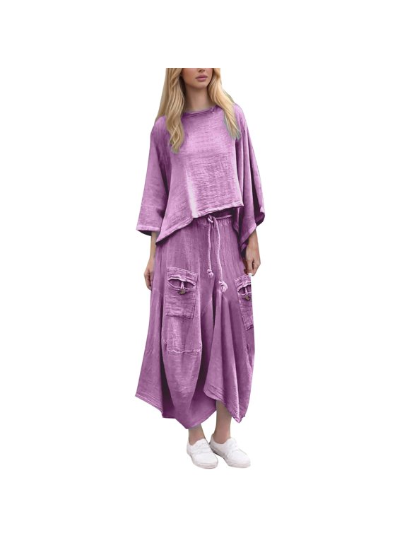 Women Summer 2 Piece Linen Look Outfit, Batwing Sleeve Loose Crop Top & Drawstring Pocket Wide Leg Midi Skirt Soft Polyester Viscose Casual Matching Set Purple M