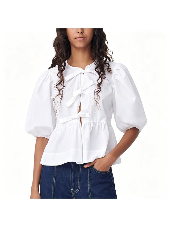 Women Tie Front Puff Sleeve Blouse, Round Neck Bow Knot Peplum Top, Relaxed Fit Casual Lightweight Breathable Summer Shirt White S