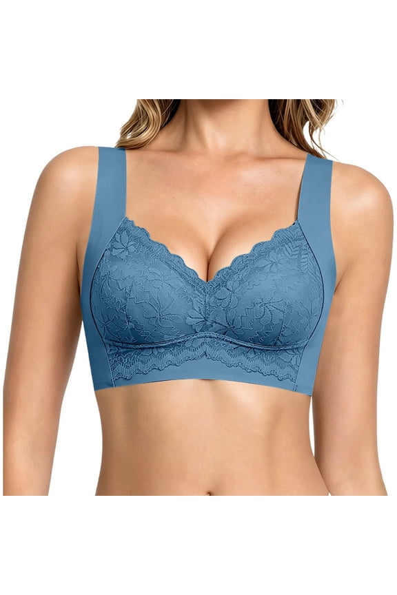 Women Wirefree Lace Vest Style Bra, Seamless Fixed Cup Breathable Everyday Push Up Comfort Lounge Bra Blue XXXXL