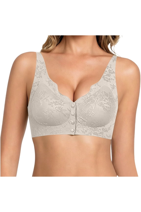 Women Wireless Front Snap Closure Bra, Floral Embossed Seamless Back Smoothing Comfort Everyday Support Lounge Bra Beige XL