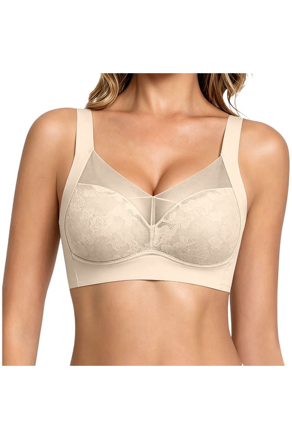 Women Wireless Lace Vest Bra, Seamless Fixed Cup Breathable Comfort Everyday Push Up Lounge Underwear Beige XXXXL