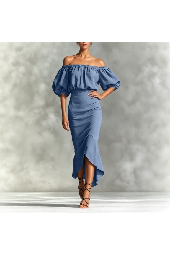 Women's 2-Piece Outfit, Off-Shoulder Puff Sleeve Top & Ruched Midi Skirt, Casual Work Party Skirt Set Blue S