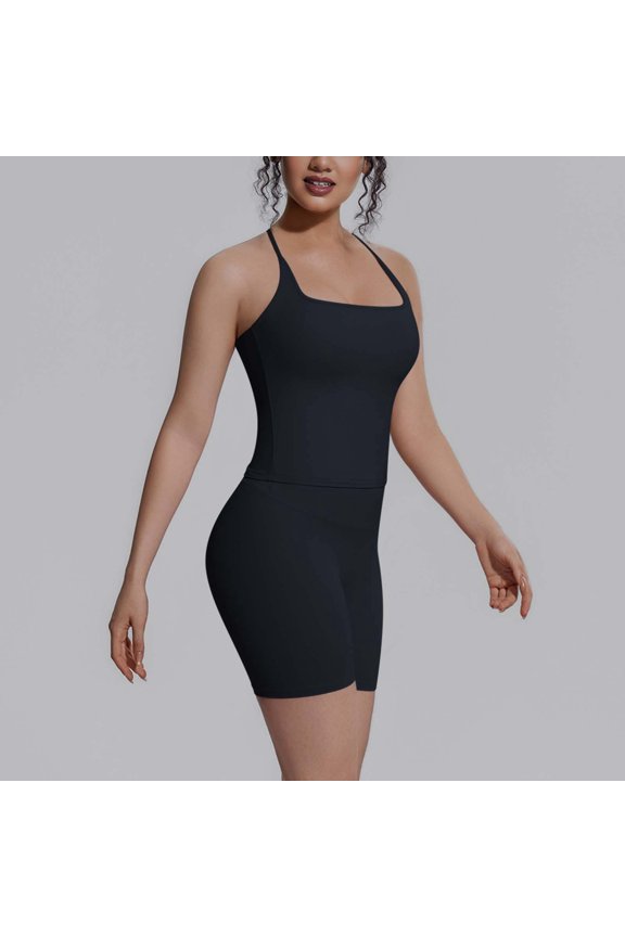 Women's 2-Piece Yoga Outfit, Racerback Tank Top & High Waist Biker Shorts, Breathable Workout Set for Gym Running Black1 S