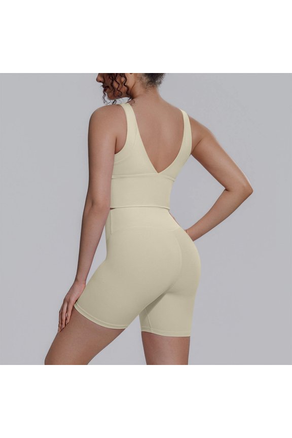 Women's 2-Piece Yoga Outfit, V-Back Crop Tank & High Waist Biker Shorts, Breathable Workout Set with Yoga Pants Khaki M